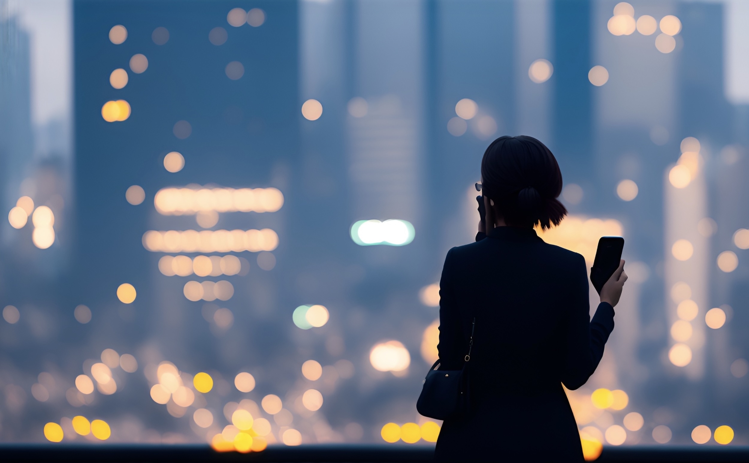 Woman in business attire on phone overlooking city lights at dusk.